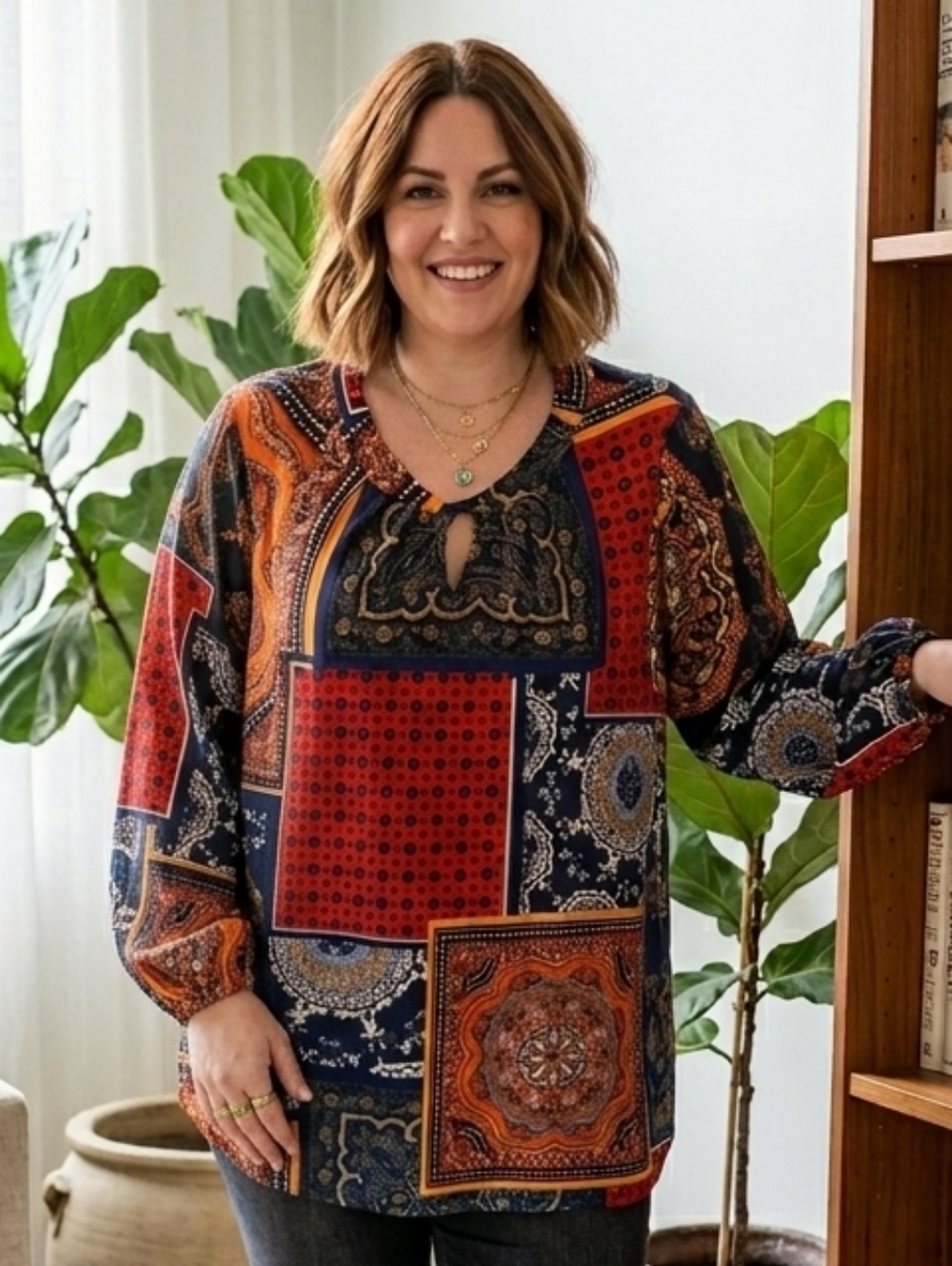 Laura Patchwork Paisley Keyhole Silky Knit Tunic Size 2X Bohemian Eclectic Fall